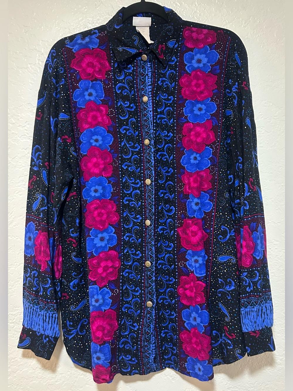 Vintage Style My Way Black, Fushia, Purple Floral and Paisley Button Down